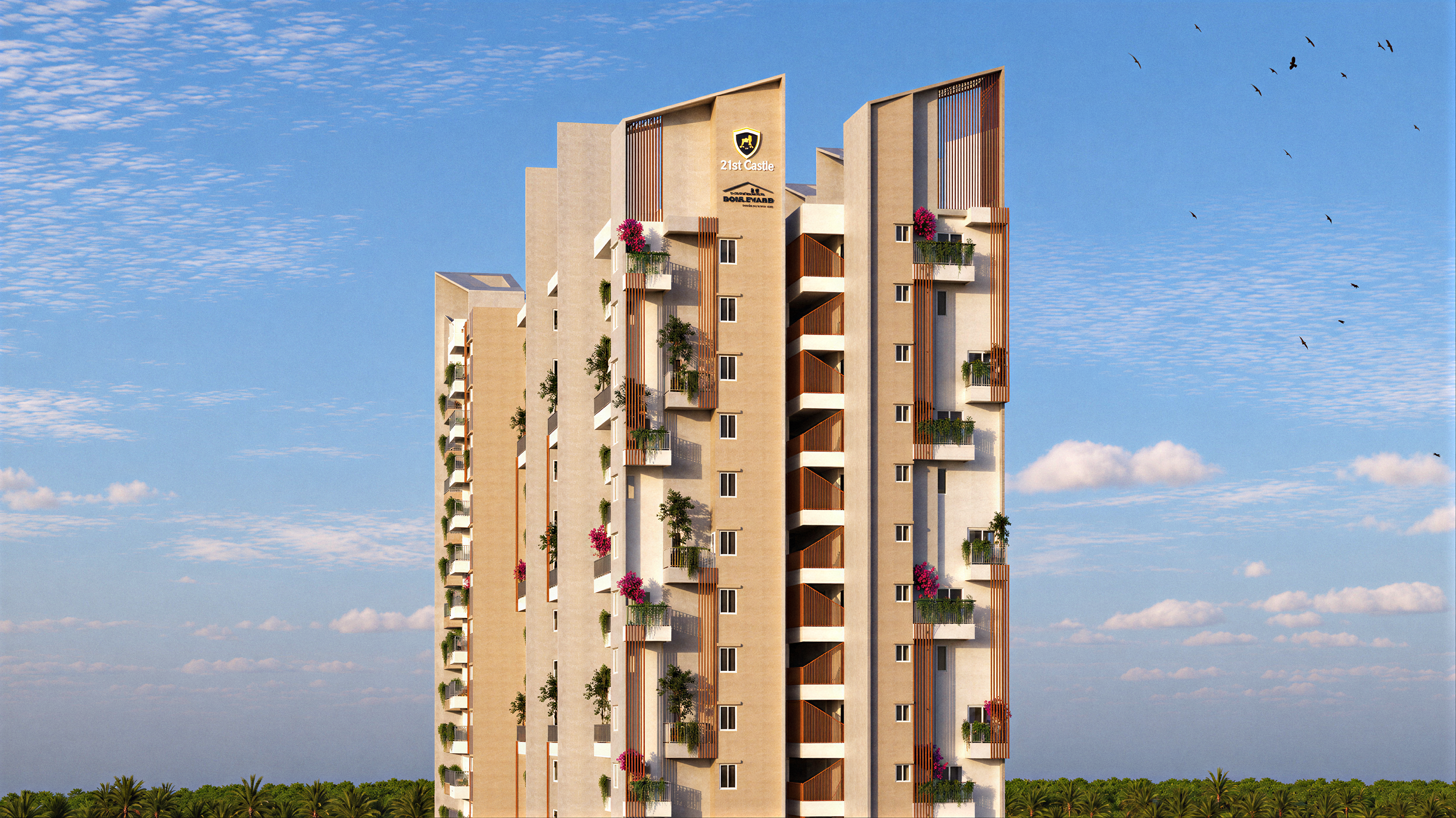 21st Castle tower façade with wooden louvres and planted balconies against a blue sky